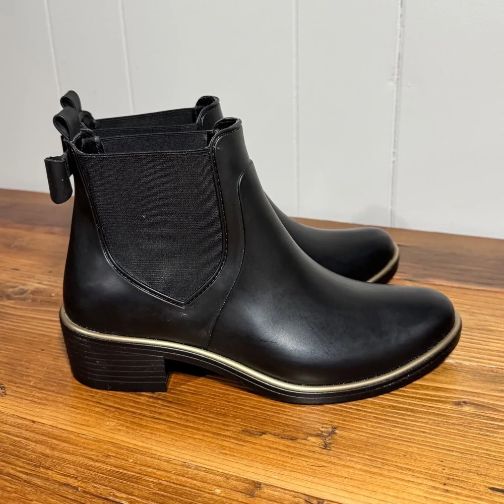 Kate Spade Edimburg Rain Boots Women 8 Black Gold Trim Bow Chelsea Ankle Boot